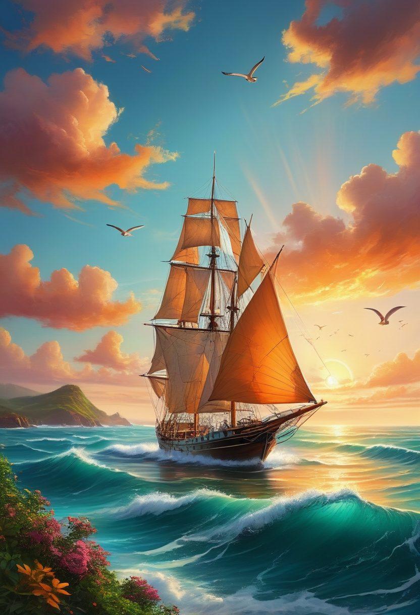 A breathtaking ocean scene featuring a majestic sailboat cutting through vibrant turquoise waters, splashed with dynamic waves and a backdrop of distant, lush green islands. The sky is painted with the warm hues of sunrise, symbolizing new adventures, while seagulls soar above. A compass and map are artistically integrated into the foreground to evoke exploration themes. super-realistic. vibrant colors. tranquil atmosphere.