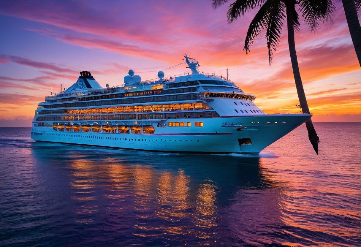 A luxurious cruise ship sailing through calm turquoise waters under a vibrant sunset, with excited travelers enjoying the deck and breathtaking views, palm trees lining the coast in the background. Elegant details include plush lounge chairs and a shimmering pool on board, evoking a sense of relaxation and adventure. super-realistic. vibrant colors. oceanic theme.