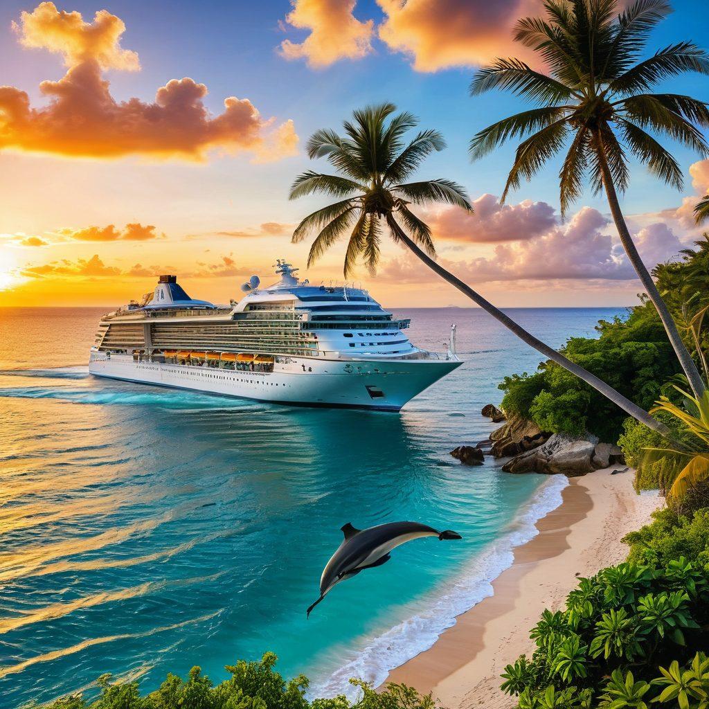 A luxurious cruise ship sailing through crystal-clear turquoise waters, surrounded by vibrant coral reefs and playful dolphins leaping in the background. Passengers enjoying the sun on deck, sipping cocktails, with palms swaying gently in the breeze. An island paradise with lush greenery and white sandy beaches in the distance. Captivating sunset colors painting the sky. super-realistic. vibrant colors.